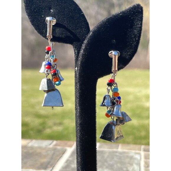 Vtg 1960's Silver Tone Bell Dangle Earrings With Multi Colored Beads 2 Mini Bell - Picture 1 of 4